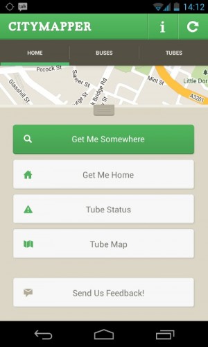 The home screen, with pull-down quick-access map
